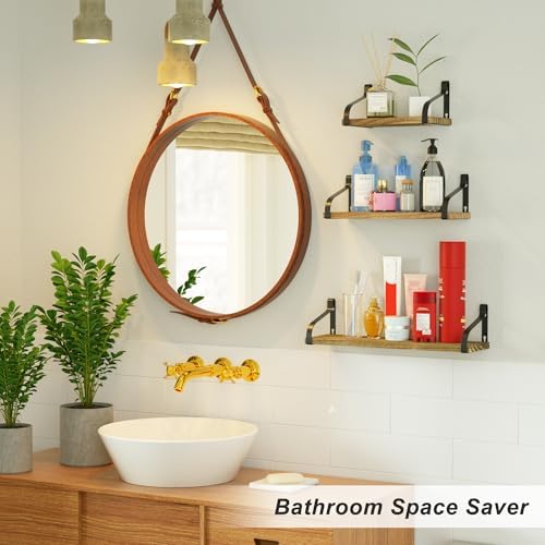 Love-KANKEI Floating Wall Shelves Set of 3,Solid Wood,Carbonized Black