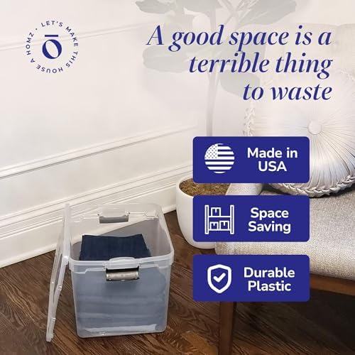 HOMZ Clear Plastic Storage Bins with Latching Lids, 31 Qt, Gray, 4 Pack