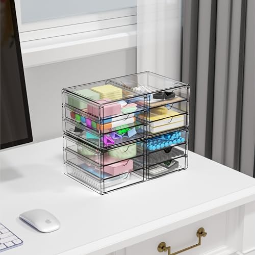 Yieach 2 Pack Acrylic Storage Drawers With 12 Small Drawer,Stackable Office Cabinet Organizer and Makeup Organizer,Clear