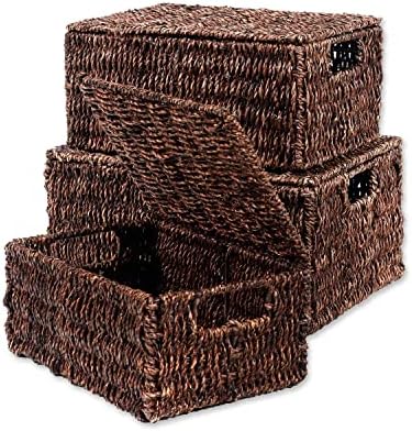 Trademark Innovations Set of 3 Rectangular Seagrass Baskets with Lids, Brown (Small)