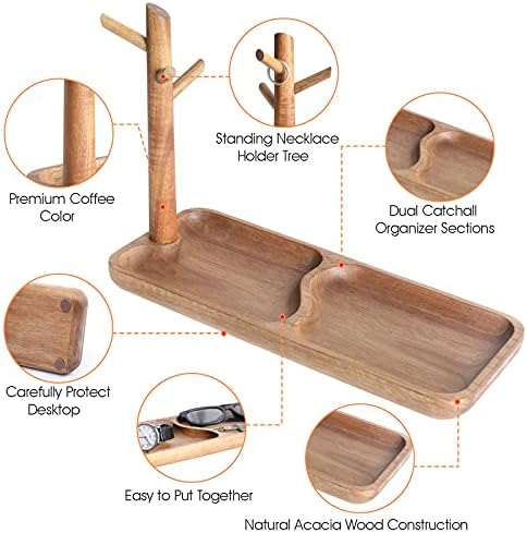Wood Key Tray for Entryway Table, Jewelry Tray, Catchall Tray with 3 Stand Hanging Organizer, for Rings, Phone, Bracelet