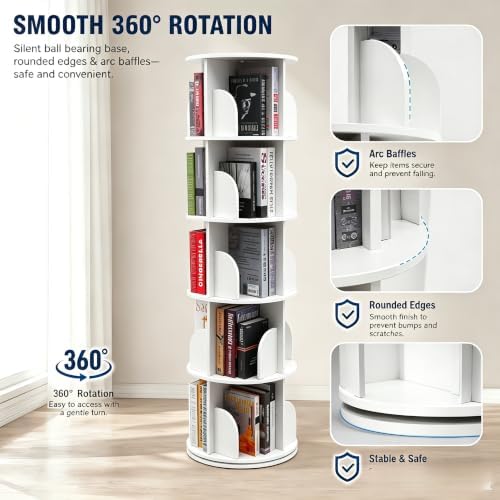 5 Tier Rotating Bookshelf Tower,360°Spinning Bookshelf Tower, Round Revolving Bookcase Organizer, Stackable Rotating Boo