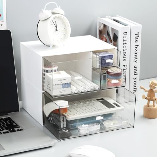MILULUGO Desk Organizer with 4 Drawers, Makeup Organizer, Desktop Storage Box, Cosmetics Storage Box for nail polish, Li