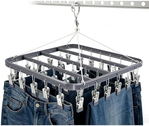 Pants Hanger Clothes Drying Racks Clip Hangers Metal with 36 Clips Windproof Hook Underwear Hanger Foldable Laundry Clip forJeans Yoga Leggings Trousers Socks Bras (Grey)