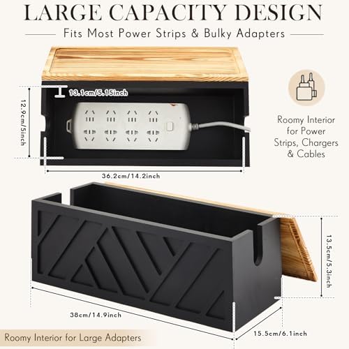 Chunful Large Wooden Cable Management Box, Geometric, Black