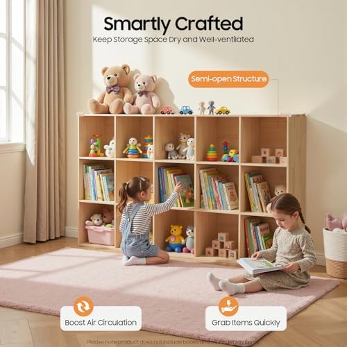 15-Cube Solid Wood Bookshelf, 3-Tier Storage Organizer Semi-Open Floor Display Shelf Closet Cabinet for Home Office Libr