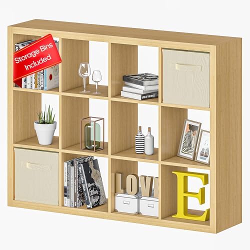 furtble Bookshelf with Storage Bins, 12-Cube Storage Organizer, Modern Wood Open Bookcase, Multifunctional Display Shelf