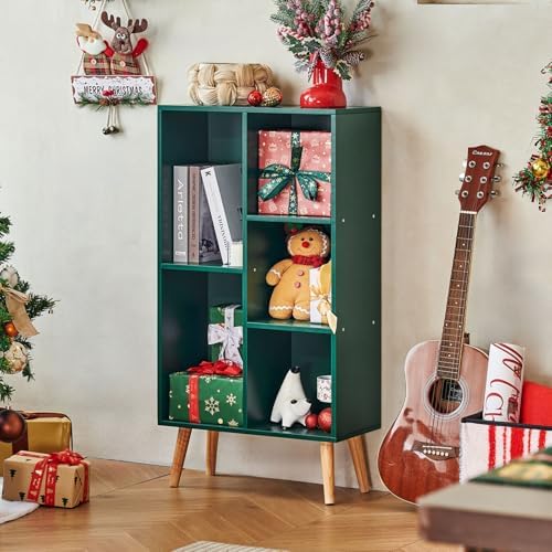 LEYAOYAO 5 Cube Bookshelf,Mid-Century Modern Bookcase with Legs,Dark Green
