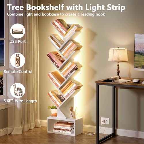 Hoctieon 9 Tier Tree Bookshelf, Tall Bookcase, Freestanding Book Shelf with LED Lights, Display Floor Standing Storage S