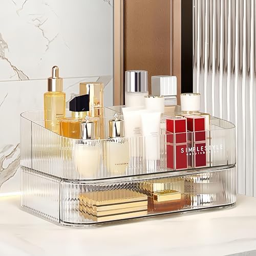 Clear Makeup Organizer for Vanity, Large Desk Organizer with Stackable Drawer for Cosmetics, Skincare, Lipsticks, Palett