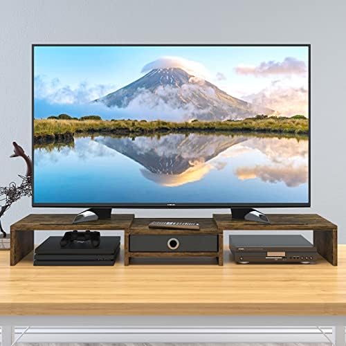 WESTREE Dual Monitor Stand Riser with Drawer, 3 Shelf Computer Monitor Riser with Adjustable Length and Angle, Desktop M