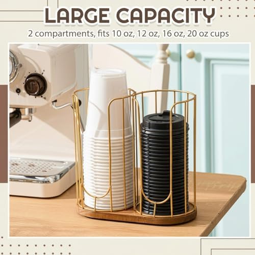 Geelin 18oz Adjustable Coffee Cup Dispenser with Wooden Base, Cup and Lid Holder, Cups Holder Organizer for Coffee Pod S
