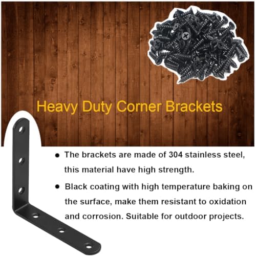 4 Pcs Black L Bracket Corner Braces Stainless Steel 4" x 4" Shelf Bracket for Wood, Shelves, Furniture, 90 Degree Suppor