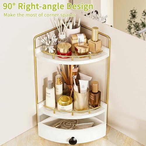 2-Tier Corner Bathroom Counter Organizer with Drawer, White Gold