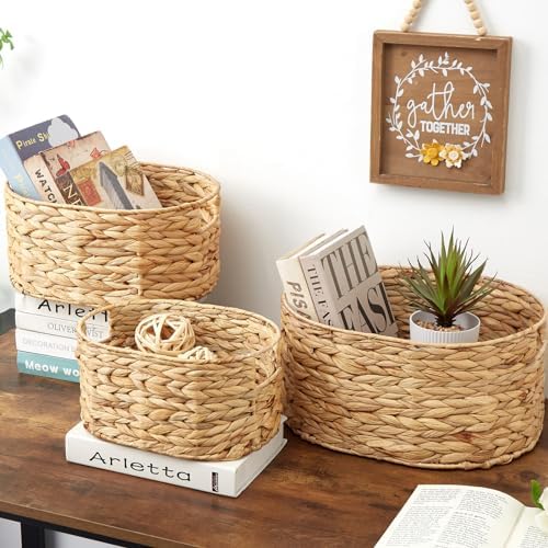 Vagusicc Wicker Basket, 3-Pack Hand-Woven Water Hyacinth Wicker Storage Basket with Handles, Large Woven Storage Baskets