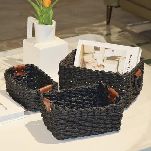 QINGTUHONE Woven Paper Rope Wicker Basket for Organizing(Set of 3,Black)