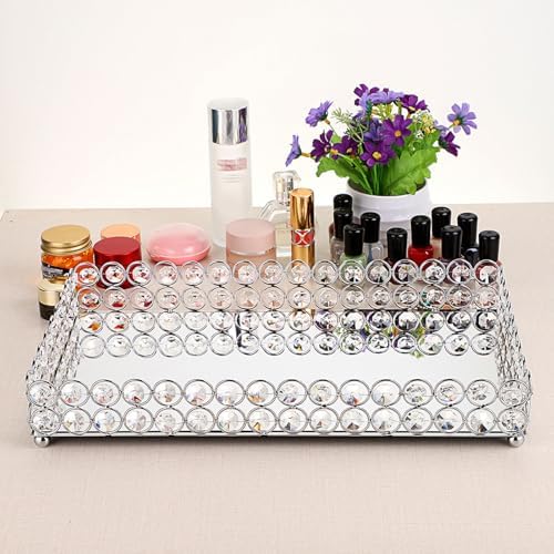 Hipiwe Crystal Perfume Tray Mirrored Bathroom Vanity Organizer, Large