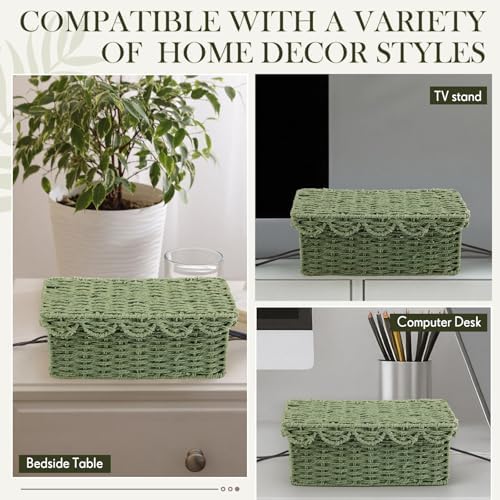 Patelai 2 Pack Scalloped Cable Management Box, Paper Rope, Green Color