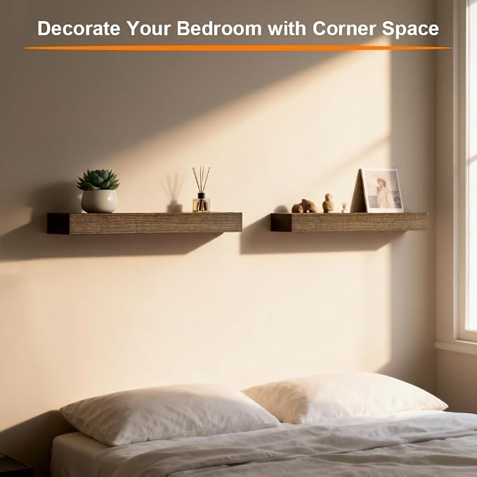 Floating Shelves for Wall,Wall Shelves for Decor Storage,Display Shelving 16 inch Set of 2,Wall Mounted Wood Shelf for Bedroom,Living Room,Bathroom,Kitchen,Brown(2pcs,Brown)