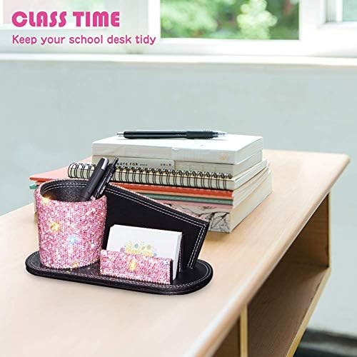 KEYPOWER Pen Pencil Holder Business Name Cards Decorative Bling Crystal Rhinestone PU Leather Gift for Women Girls (Pink)