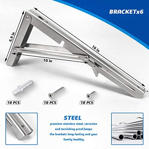 Folding Shelf Brackets 16 Inch, Heavy Duty Stainless Steel Collapsible Hinges Wall Mounted Angle L Bracket for Floating 