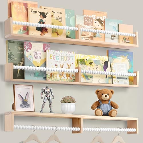 birola Nursery Bookshelf,Set of 3 White Wood Floating Bookshelf for Kids,Nursery Shelves for Wall,Bathroom Decor, Kitchen Spice Rack (White 3)