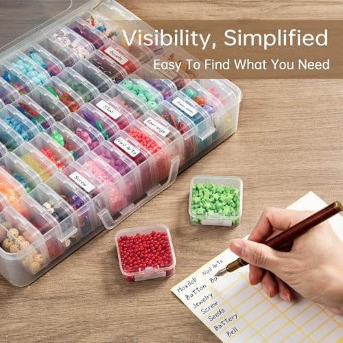 Bead Organizer Box, 60 Pack Small Clear Storage Boxes with Labels, Large Travel Craft Case with Handle, Mini Plastic Con