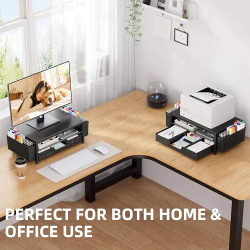 2-Tier Monitor Stand with Drawer, Metal Desk Riser, Black