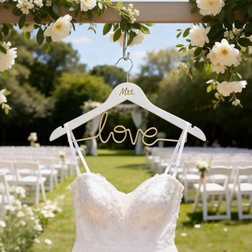 Mr & Mrs Wedding Dress Hanger Set – Bride Hangers for Wedding Dress & Groom Suit, Wooden Bridal Hanger with Love Wire Ba