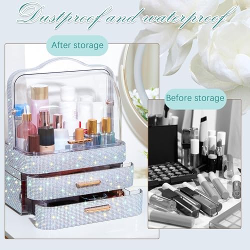 Honeydak Rhinestone Makeup Organizer with 2 Drawers Lid, Silver, Rhinestone