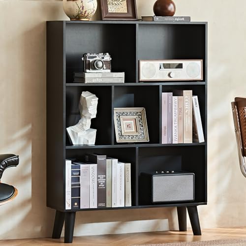 LEYAOYAO Cube Bookshelf, Mid-Century Modern Book Shelf with Legs, Black