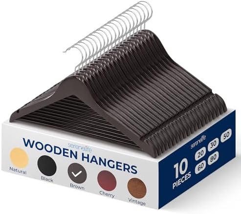 SereneLife Brown Wooden Hangers 10 Pack, Solid Wood Hanger with Non Slip Pant Bar, Heavy Duty Wooden Hanger for Closet, Smooth Finish Wood with 360 Degree Hook, for Shirts, Suits, Jackets, Dress