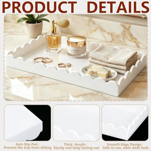 White Scalloped Acrylic Tray 5mm Thicken for Vanity Makeup,Perfume,Soap Dispenser,Napkin,12x6 Decorative Serving Tray fo