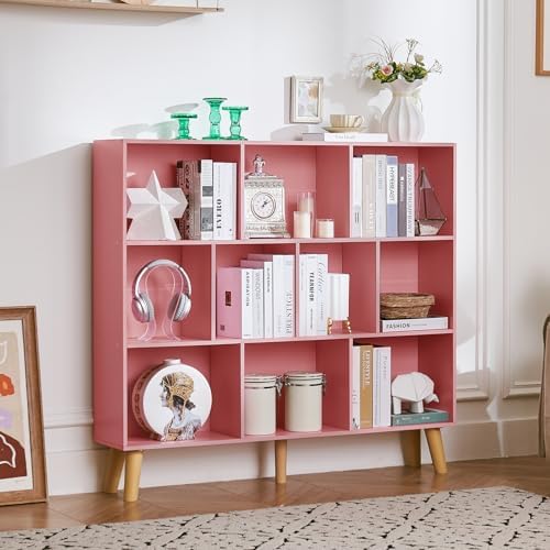 LEYAOYAO 10 Cube Bookshelf,Mid-Century Modern Bookcase with Legs,Light Pink