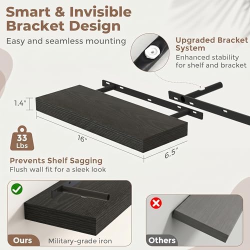 16 Inch Floating Shelves for Wall, 6.5"D Wood Storage Shelves, Black Finish