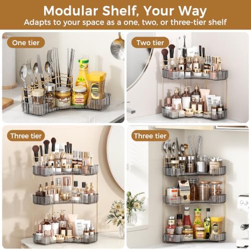BEFSOP Corner Bathroom Counter Organizer, Upgraded 3-Tier Makeup Organizer Countertop with Makeup Brush Holder, Skincare
