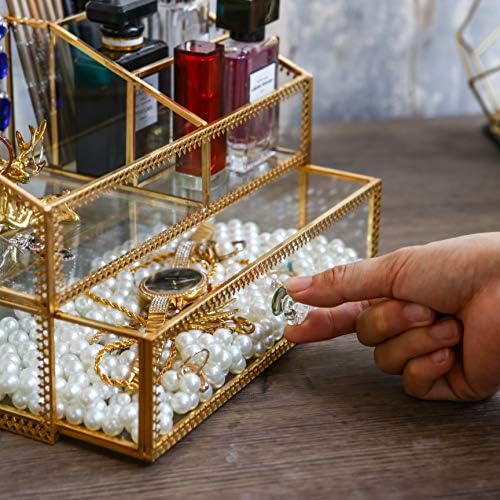 Golden Glass Box Vanity Tray Glass Case Makeup Display Organizer on Dresser, Multifunctional Cosmetic Storage for Palett