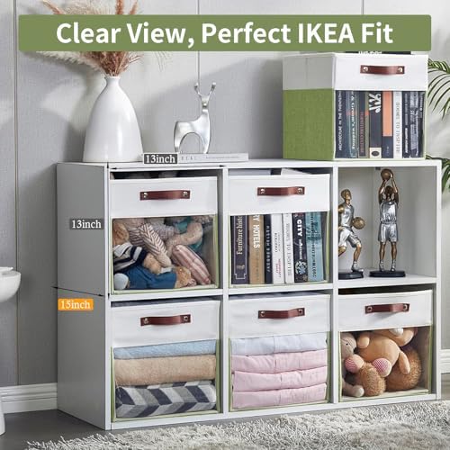 Bagnizer Storage Cubes, 4 Pack Linen Foldable Storage Bins with Clear Window and 2 Handles, 13x15x13 for Shelf Closet, Kallax, Clothes, Books - Green/Off-White