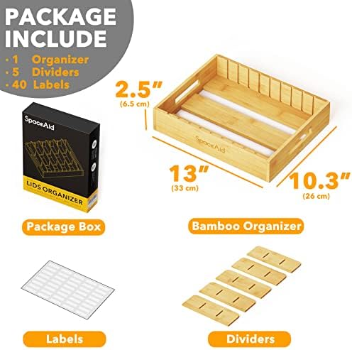 SpaceAid Bamboo Lid Organizer, Kitchen Pantry Lids Holder with 5 Adjustable Dividers for Cabinets, Food Storage Containe