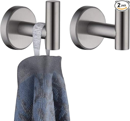JQK Bathroom Towel Hook Brushed, Coat Robe Clothes Bath Wall Hooks for Kitchen Garage SUS 304 Stainless Steel Thick 0.8mm, 2 Pack Brushed Steel, TH100-BN-P2