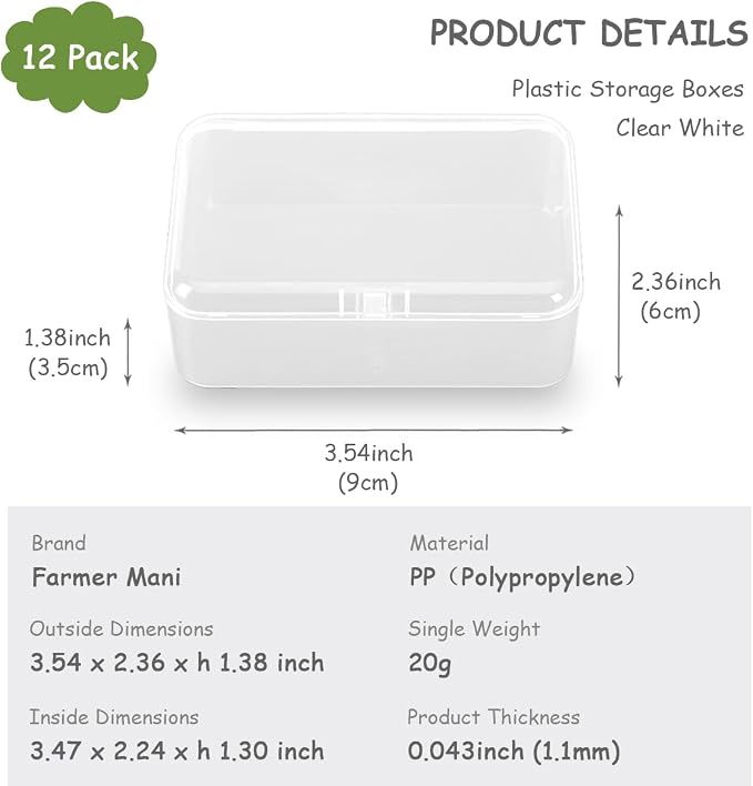 12 Pack Rectangular Clear Plastic Organizer Storage Box Containers (3.54 x 2.36 x 1.38 inch) with Lid for Beads and More