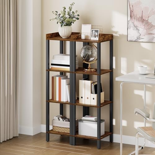 HOOBRO Small Bookcase, Industrial Style Bookshelf for Narrow Spaces, 4-Tier Square Book Shelf Stand, Wooden Storage Rack