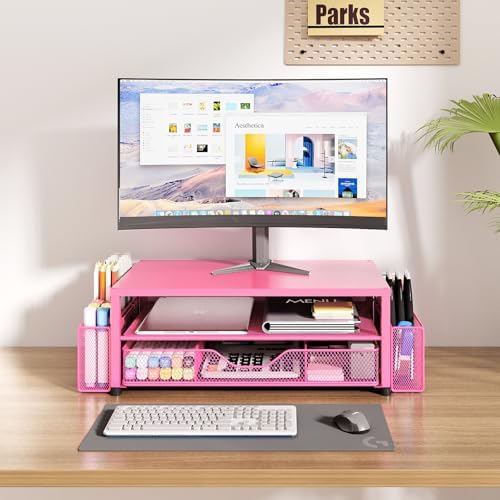 OPNICE Desk Organizers and Accessories, Computer Monitor Stand Riser with Drawer and 2 Pen Holders, Printer & Laptop Sta