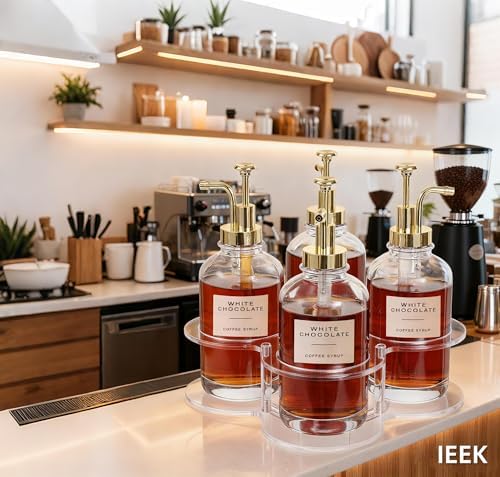 IEEK Rotating Coffee Syrup Organizer,Syrup Bottle Holder for Syrup Dispenser 16.9oz,Clear Acrylic Coffee Syrup Rack for 