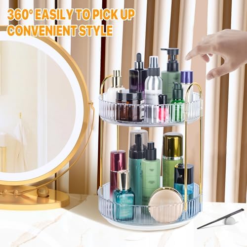 360 Spinning Makeup Organizer, Rotating Bathroom Makeup Holder Rack, Large Capacity Cosmetic Carousel Storage with 2 Tie