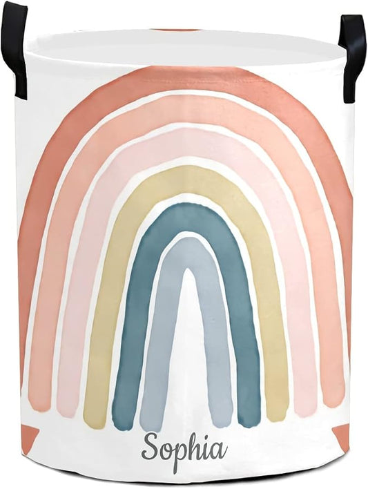 Large Storage Rainbow Colorful Personalized Tall Collapsible Laundry Basket with Name Foldable Hamper for Dirty Cloth Toys