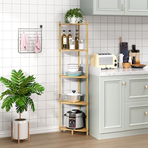 Corner Shelf Stand - 5 Tier Bamboo Small Corner Bookshelf for Office Kitchen Bedroom Plant Stand Living Room Decor Small