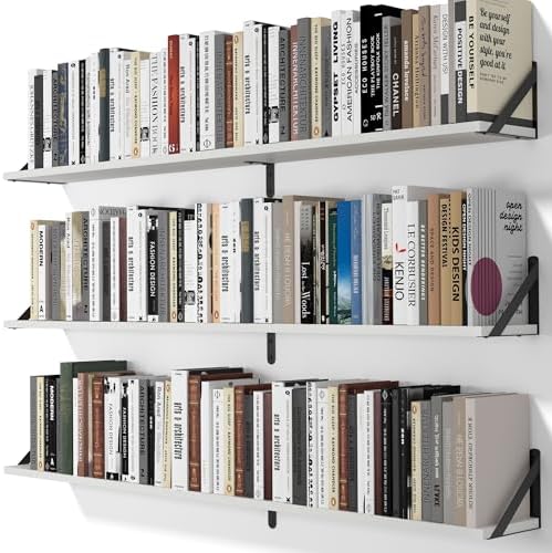 Heimlove 48 Inch Large Wall Bookshelves Set of 3, Wall Mounted Bookshelves,Heavy Duty Wooden Shelves for Living Room,Bed