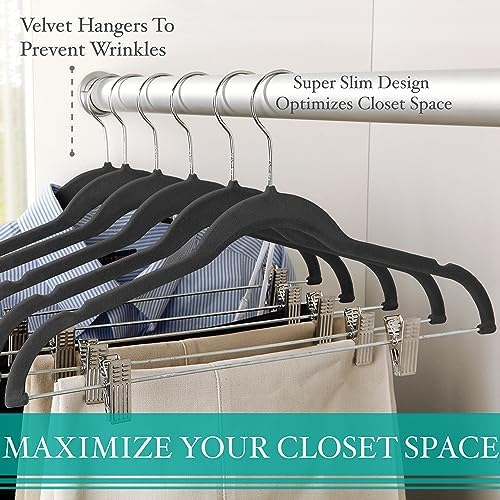 Simplify 24 Pack Velvet Hangers with Clips | Skirt and Pants | Slim Space Saving | Closet Organization | Non-Slip | Prevent Creases | Swivel Neck | Durable | Black