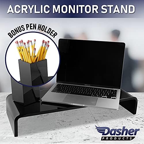 Acrylic Monitor Stand with Matching Pen Holder, 12mm Thick Clear Acrylic Monitor Riser, Laptop Stand for Home, Office, a